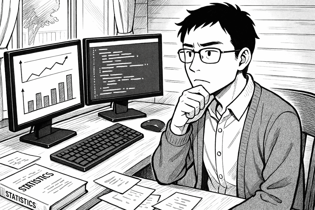 統計学のグラフを見ながらコードを書く様子の線画イラスト