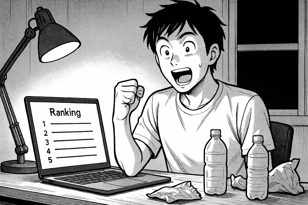 深夜、Kaggleのリーダーボードを見て興奮する様子の線画イラスト