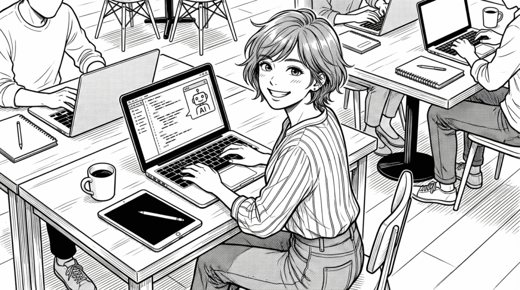 AIツールを駆使してコーディングする若手エンジニアの線画イラスト