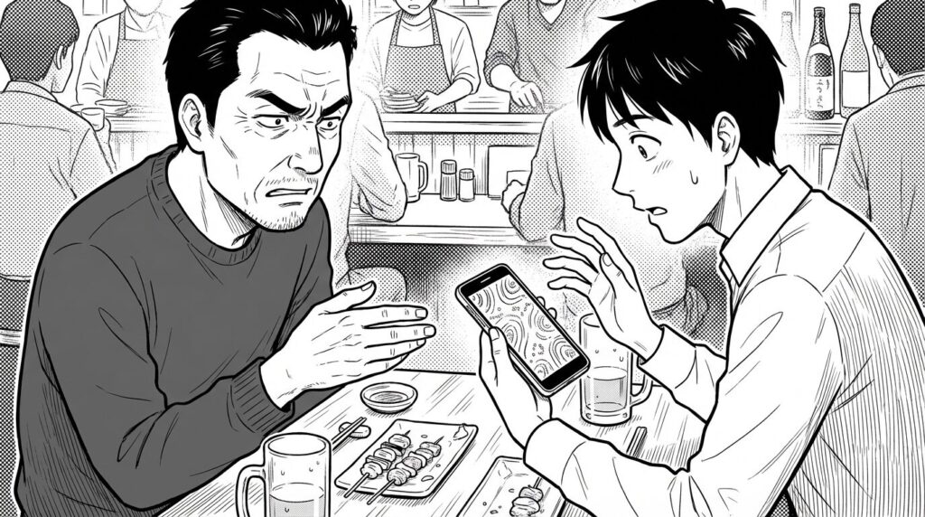 焼き鳥屋で後輩のスマホ画面を見ながら渋い顔をして説得している男性エンジニアの線画イラスト