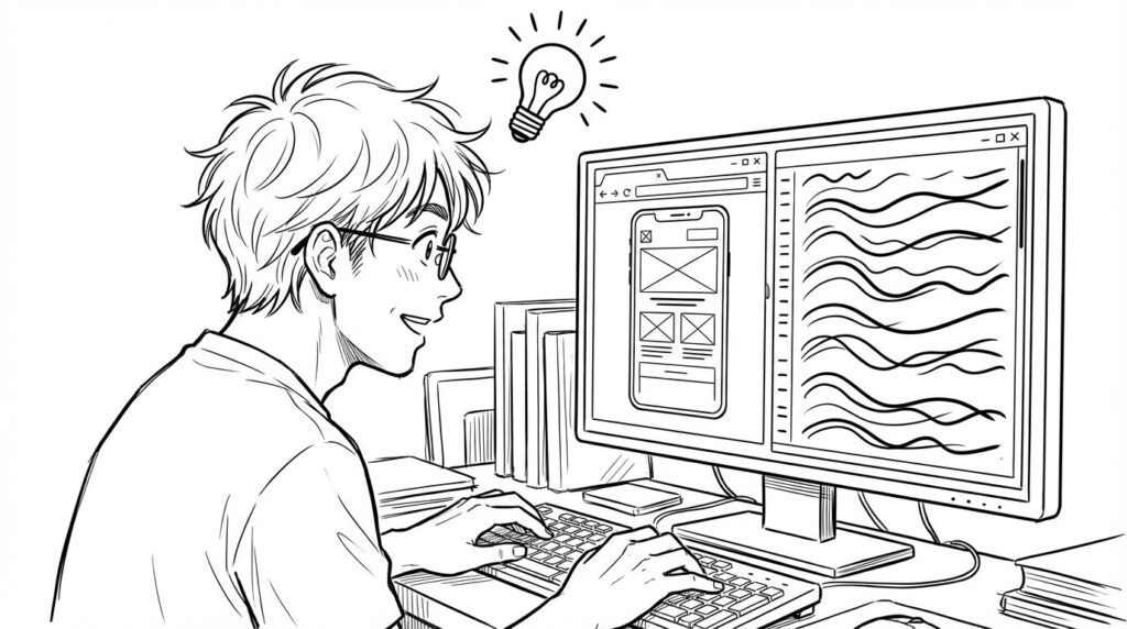 自宅のデスクでLP制作の案件に取り組みCSSのコードを修正してスマホ表示を確認している男性エンジニアの線画イラスト