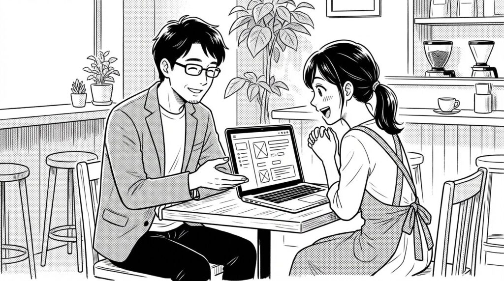 カフェでクライアントにWordPressの管理画面を見せながら更新方法をレクチャーしているエンジニアの線画イラスト