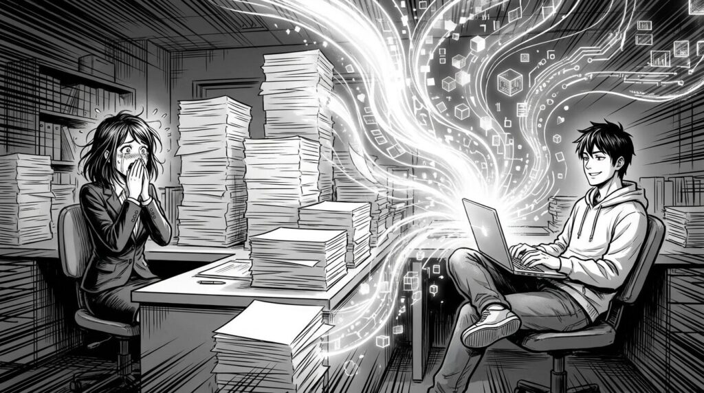 オフィスのデスクで大量の書類仕事に追われている事務員に自動化ツールを提案して救世主のように崇められているエンジニアの線画イラスト