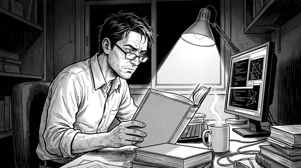 深夜の自室で参考書を開きながら模写コーディングに取り組み画面の表示崩れと格闘している男性エンジニアの線画イラスト