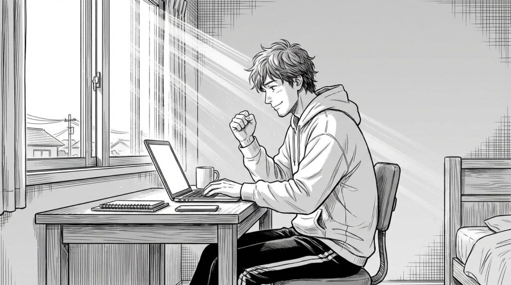 朝の光が差し込む窓辺でノートPCを開き副業の成果報酬画面を見て静かにガッツポーズをしている男性エンジニアの線画イラスト