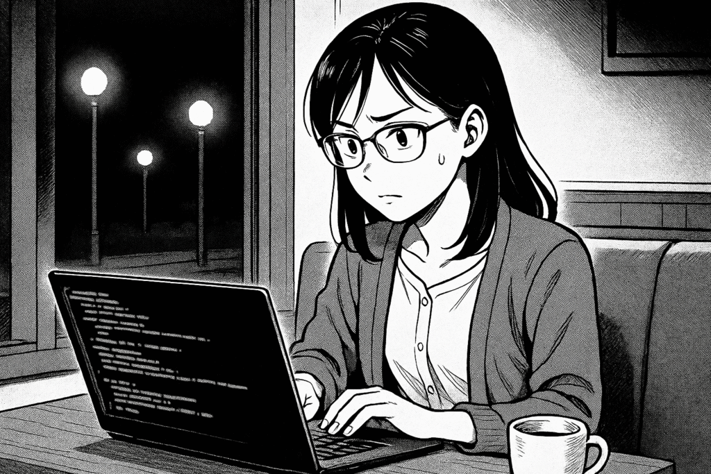 夜のカフェで真剣な表情でコードを書く30代女性の線画イラスト