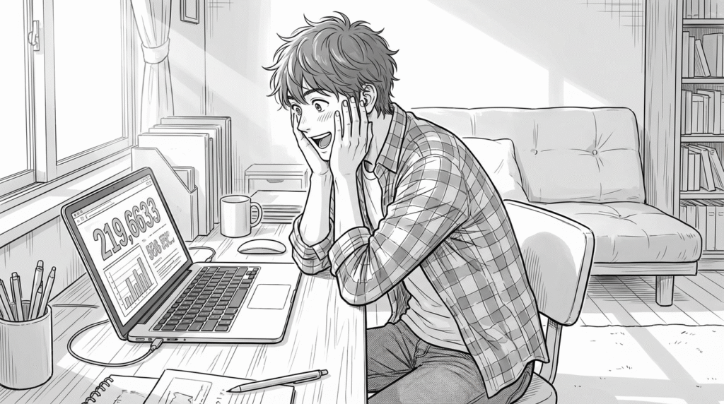 自宅のデスクで高額案件の報酬画面を見て驚く20代男性の線画イラスト
