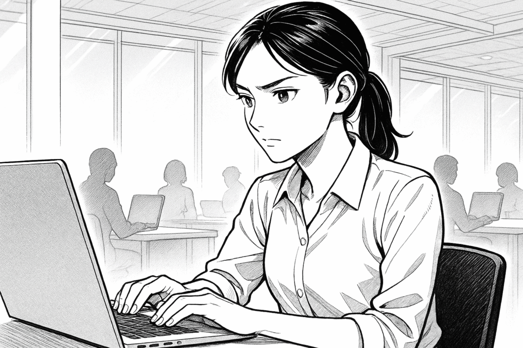 コワーキングスペースで環境構築に取り組む30代女性の線画イラスト