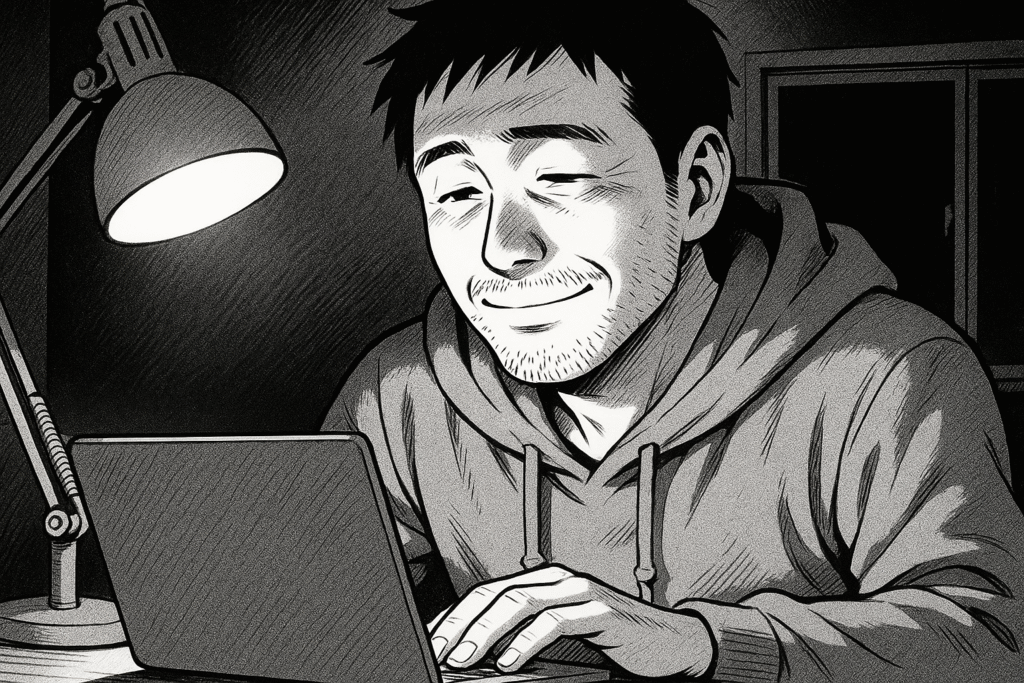 深夜の自宅で完成したアプリのテストをして安堵の表情を見せる40代男性の線画イラスト