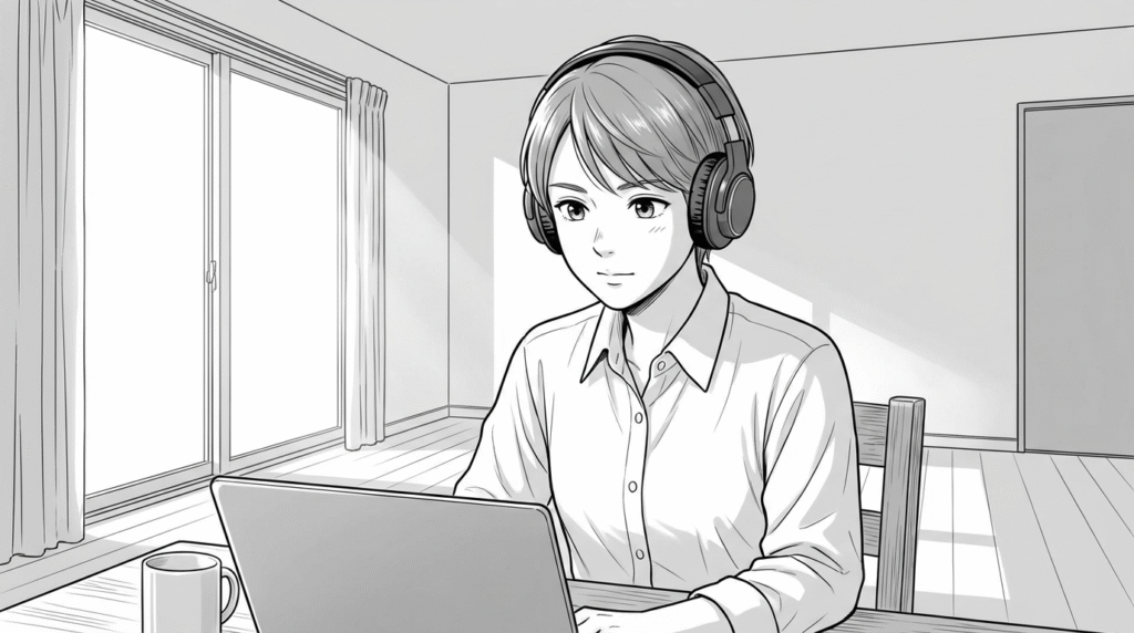 オンラインで案件の打ち合わせをする様子の線画イラスト