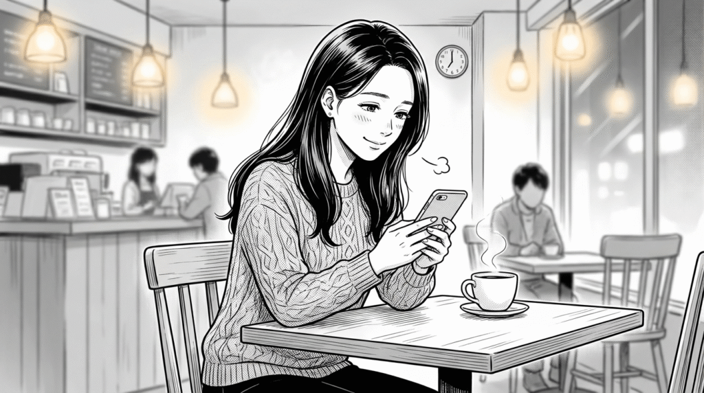 夜のカフェで継続案件の契約更新の連絡を受けて笑顔になる30代女性の線画イラスト