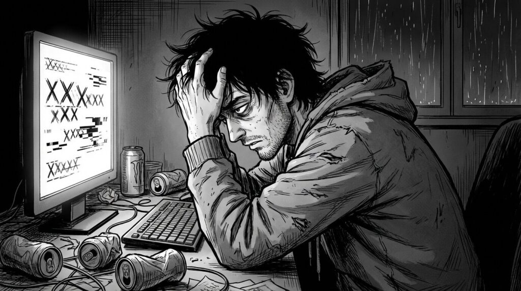 深夜のデスクでバグだらけのコードが表示されたモニターを前に頭を抱え込んでいる男性エンジニアの線画イラスト