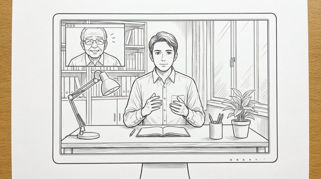 カフェでクライアントとオンラインミーティングをしながら穏やかな表情で丁寧な説明をしているエンジニアの線画イラスト