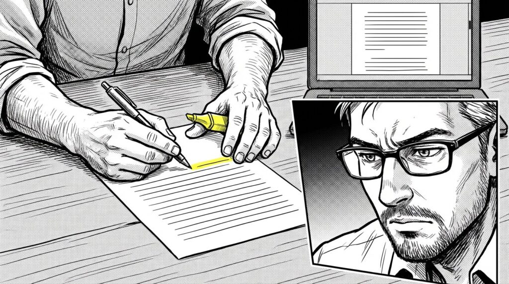 デスクで契約書を入念にチェックし重要事項にマーカーを引いているエンジニアの線画イラスト