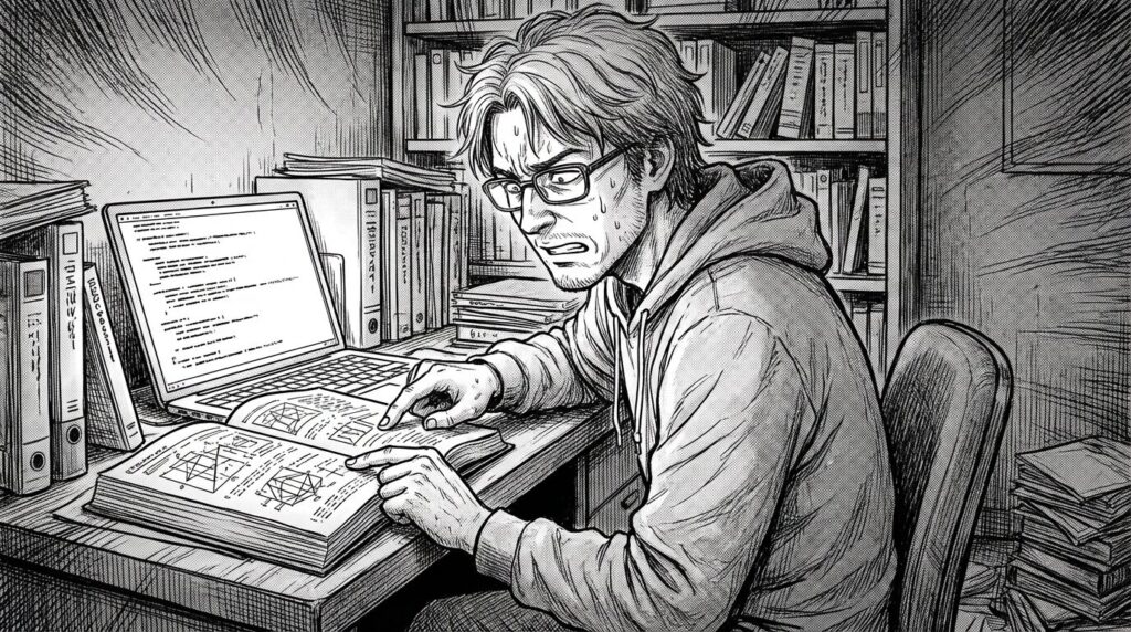 自宅の作業スペースで専門書を開きながらコードの挙動を入念に確認している男性エンジニアの線画イラスト