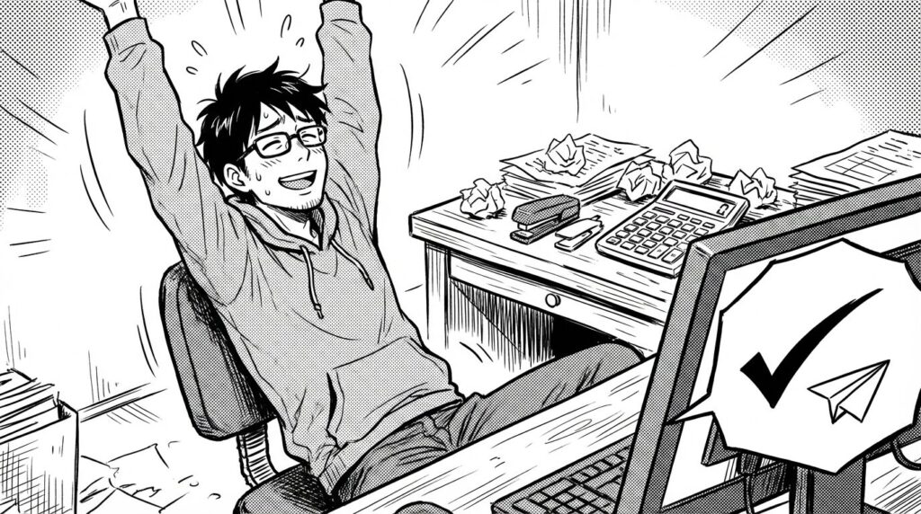 確定申告の書類作成画面を見ながら電卓を叩き安堵の表情を浮かべるエンジニアの線画イラスト
