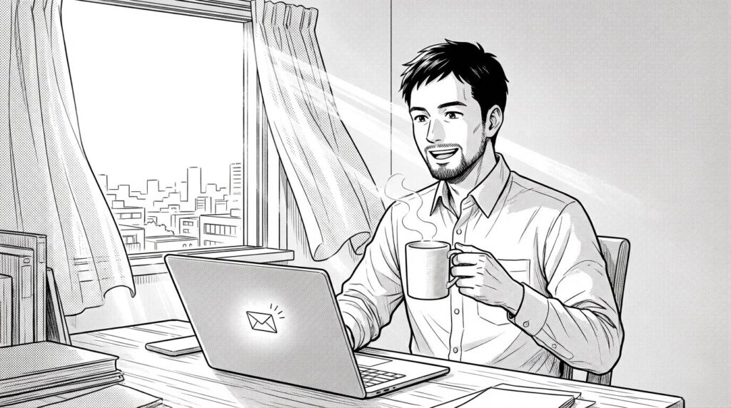 朝の光が差し込む窓辺でノートPCを開き新しい案件の通知を見て微笑む男性エンジニアの線画イラスト