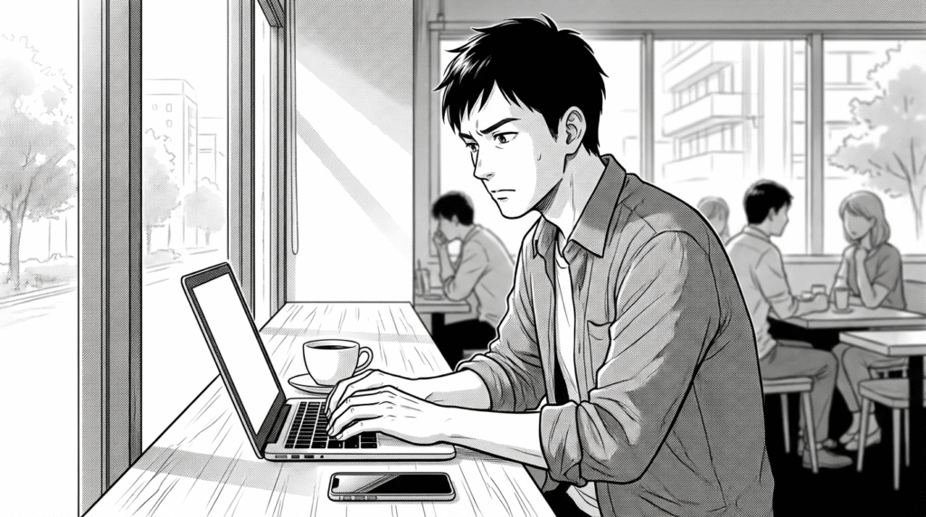 カフェで真剣にノートPCと向き合う30代男性エンジニアの漫画イラスト