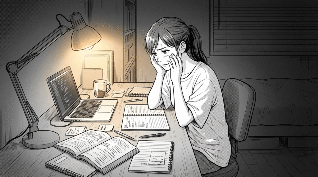 深夜の自宅で複数の技術書に囲まれ困惑する表情の女性エンジニアの漫画イラスト