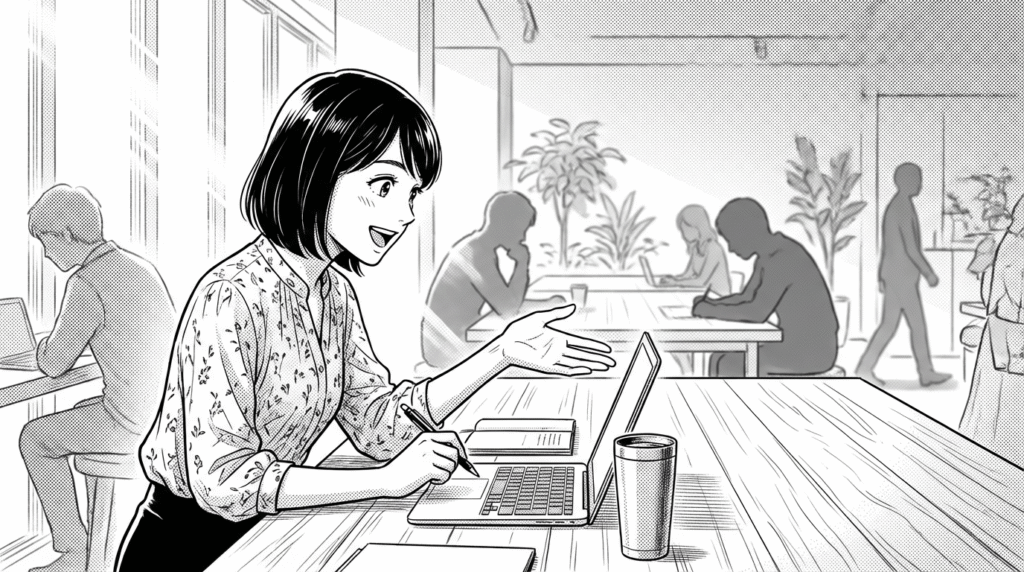 コワーキングスペースで仲間と議論する20代後半女性エンジニアの漫画イラスト