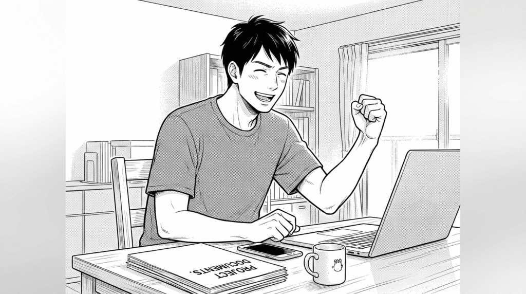 自宅のデスクで案件資料を確認しながらガッツポーズする30代男性エンジニアの漫画イラスト