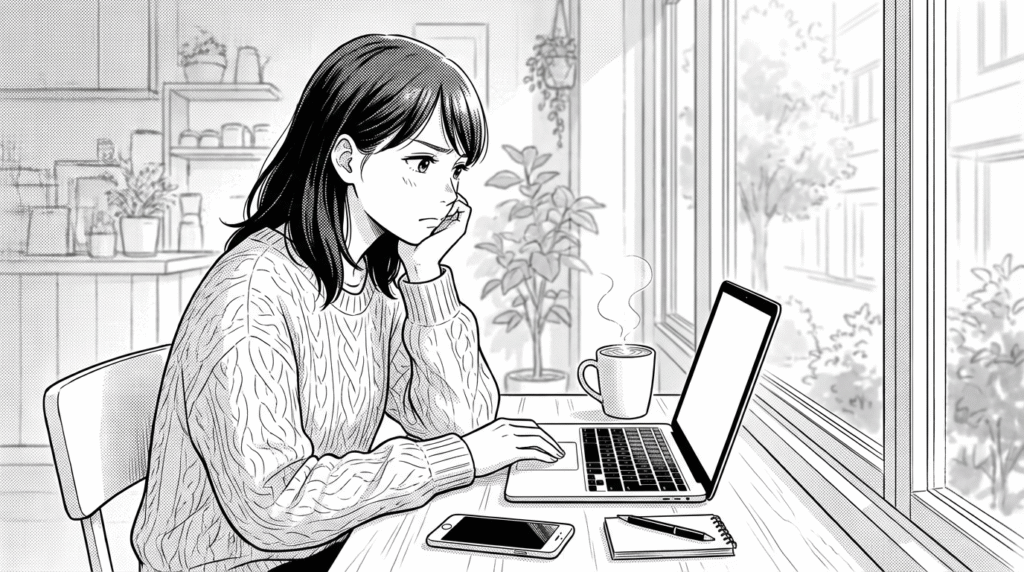 カフェの窓際でノートPCを見ながら考え込む表情の20代女性エンジニアの漫画イラスト