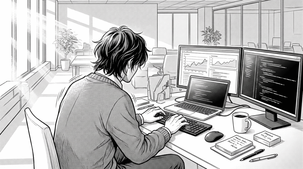 朝のコワーキングスペースで複数のディスプレイを前に作業する30代後半男性エンジニアの漫画イラスト