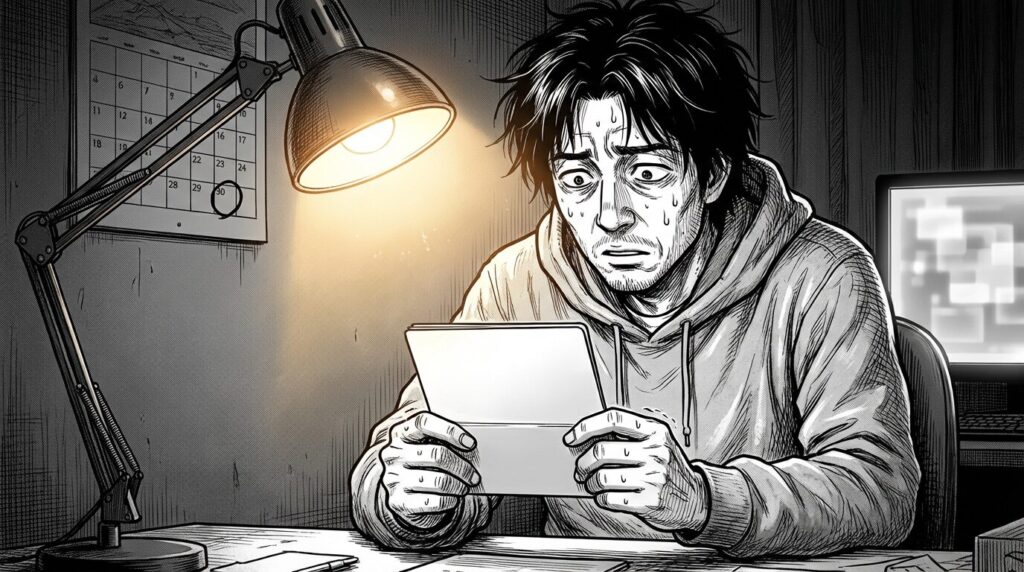 深夜の自室で預金通帳とPC画面を見比べて頭を抱えている男性エンジニアの線画イラスト