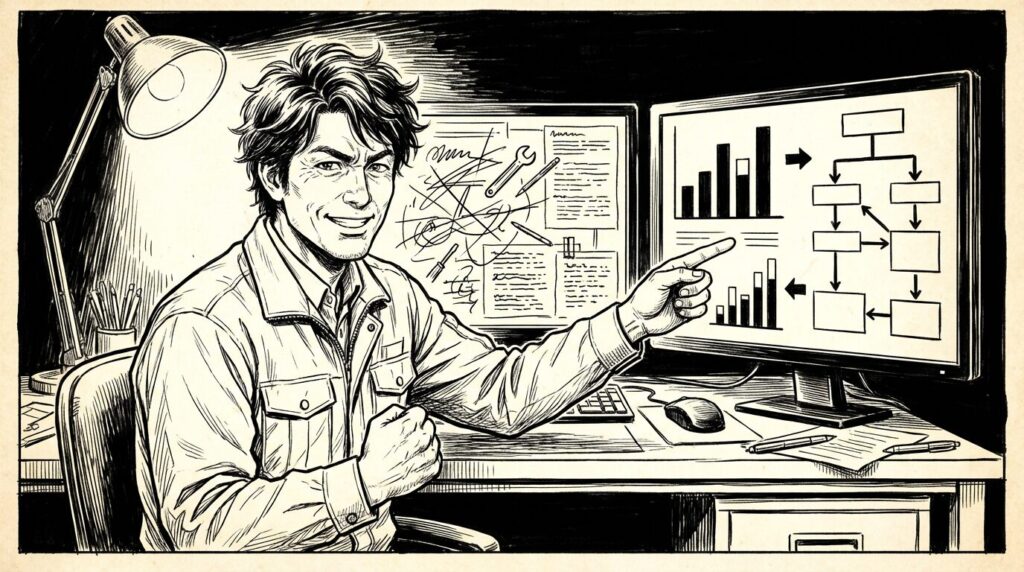 ビフォーアフター形式で改善前と改善後のポートフォリオを見比べているエンジニアの線画イラスト