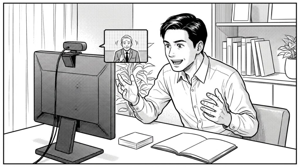 エージェントとのオンライン面談で笑顔で話しながら手元でメモを取っているエンジニアの線画イラスト