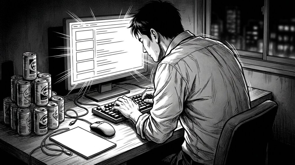 深夜のオフィスで必死に営業メールを送り続けている男性の背中を描いた線画イラスト