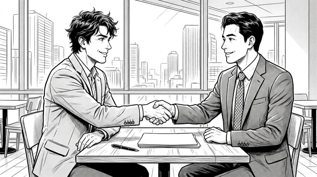 商談相手のクライアントと笑顔で握手を交わしているエンジニアの線画イラスト