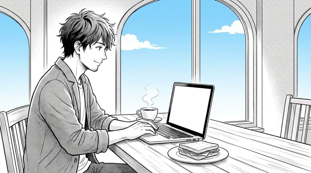 カフェでコーヒーを飲みながら充実した表情で仕事をしているエンジニアの線画イラスト