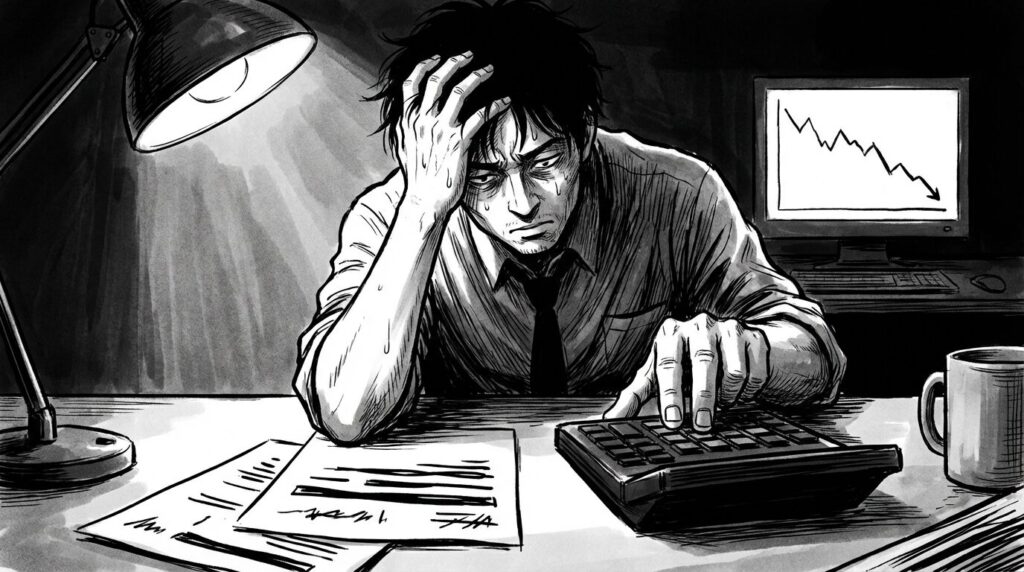 深夜の自宅デスクで電卓と請求書の山を前にして頭を抱えている男性エンジニアの線画イラスト