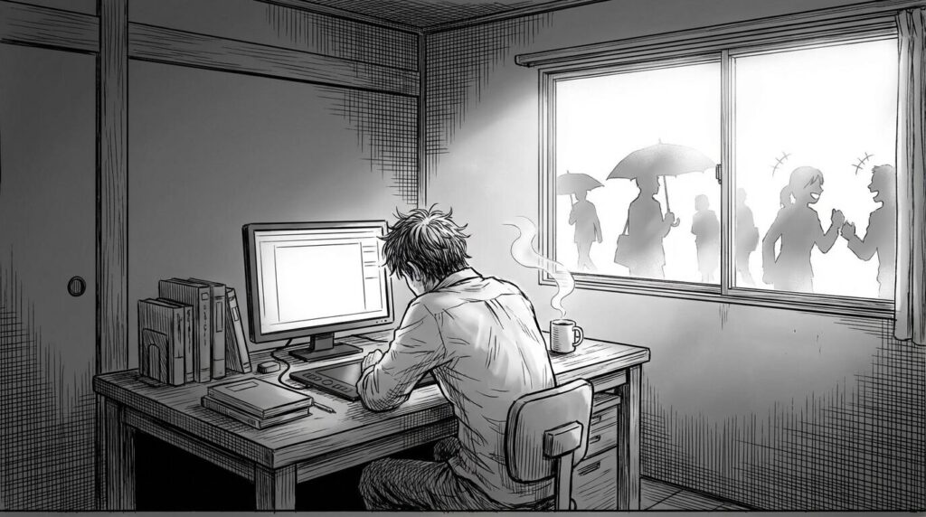 自宅の作業部屋で窓の外を眺めながらコーヒーを飲み孤独を感じている男性エンジニアの線画イラスト