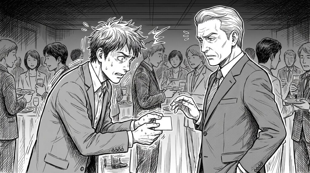 交流会で名刺交換をしながら必死に自分を売り込んでいるエンジニアの線画イラスト