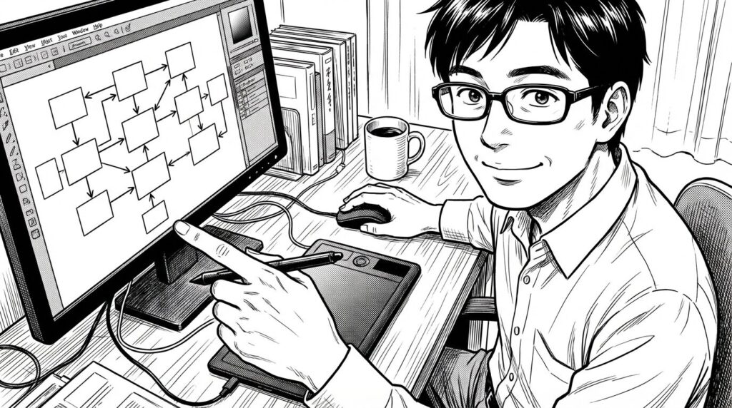 クライアントとのオンラインミーティングでホワイトボードツールを使いながらシステム構成案を提案しているエンジニアの線画イラスト