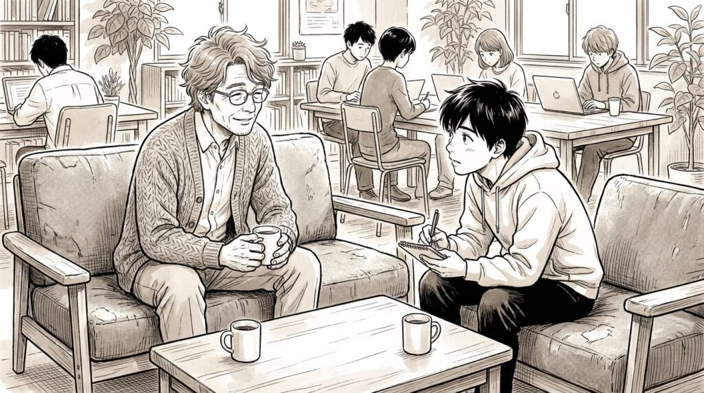 コワーキングスペースで若手エンジニアからの相談に笑顔で答えているベテランエンジニアの線画イラスト