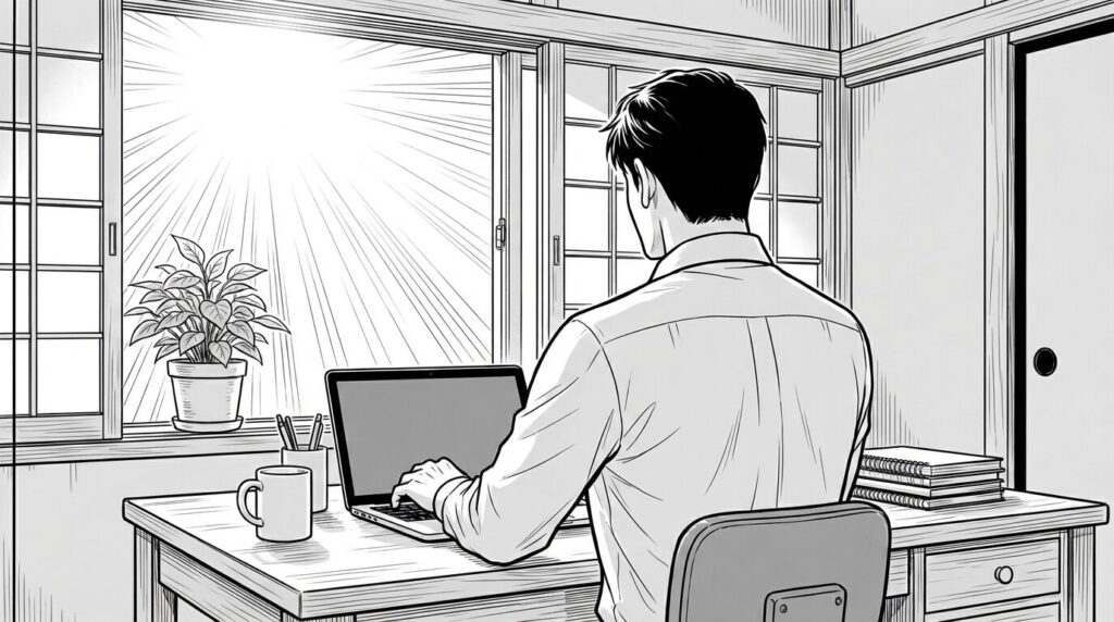 朝の光が差し込むリビングでノートPCを開き新しい一日の仕事に取り掛かろうとしている男性エンジニアの線画イラスト