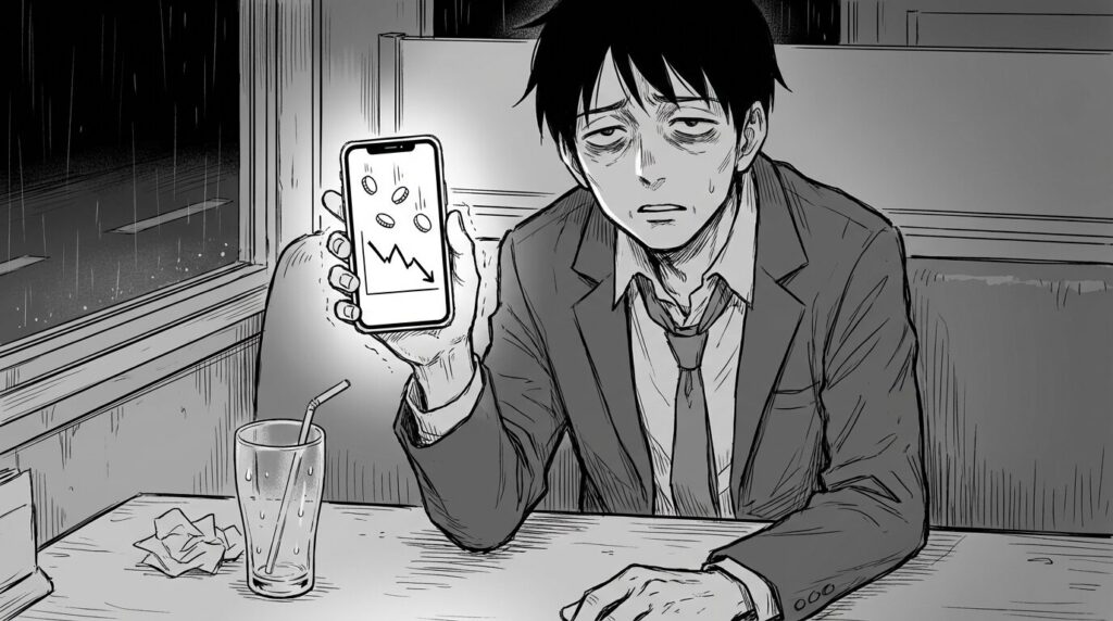 深夜のファミレスで疲れ果てた表情でスマホのポイントサイトをポチポチしている会社員の線画イラスト