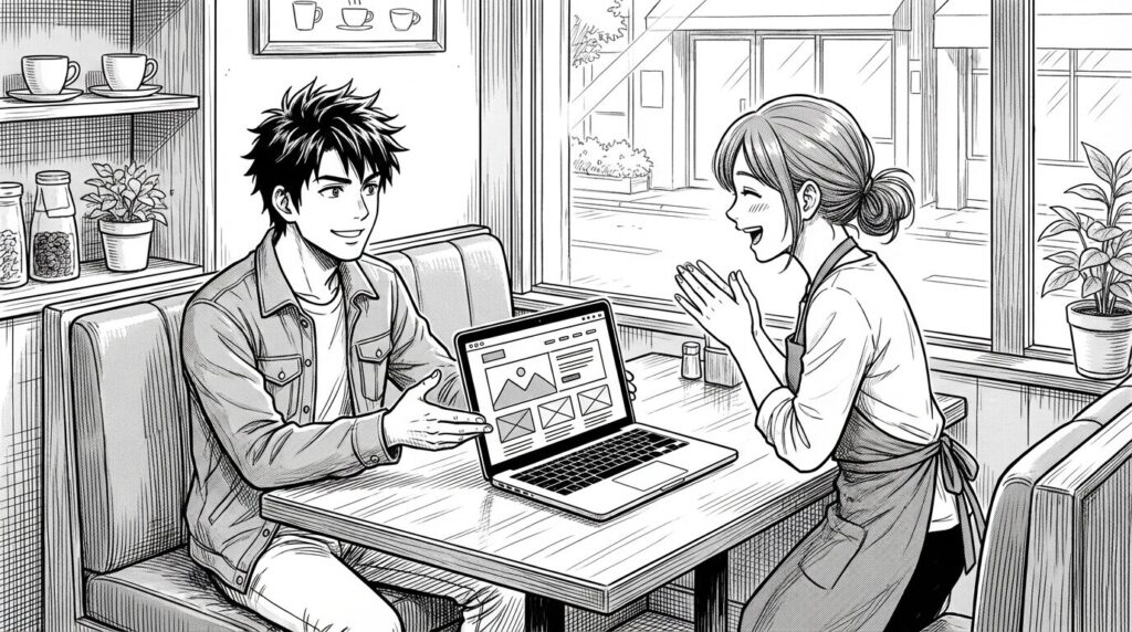 カフェでクライアントであるカフェのオーナーにノートPCで作成したWebサイトを見せて提案しているエンジニアの線画イラスト