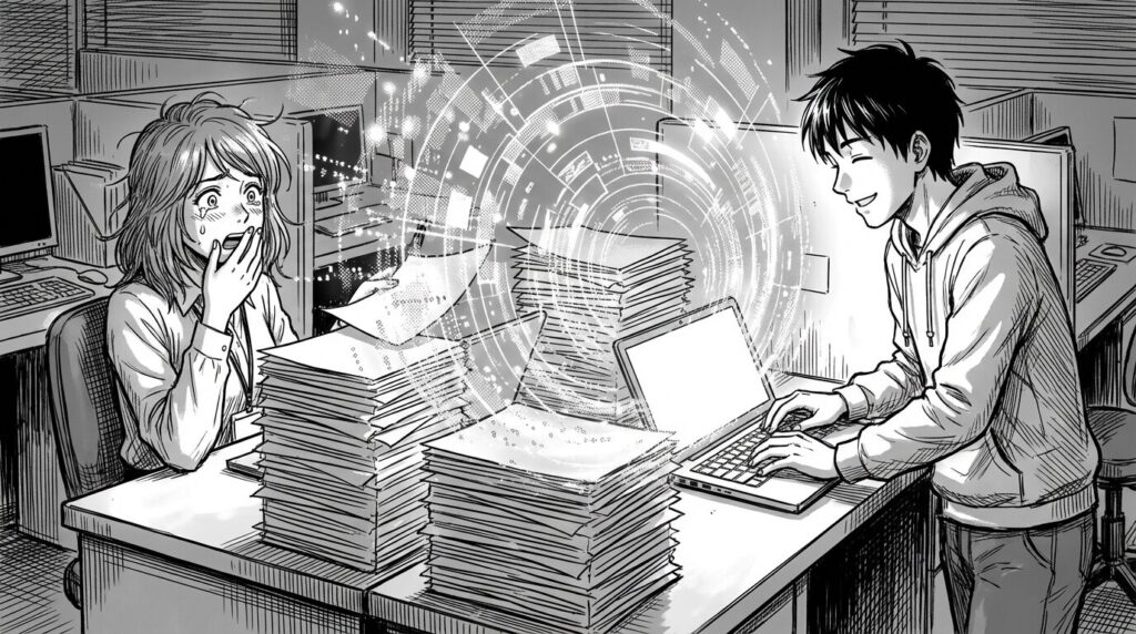 オフィスのデスクで山積みの書類を前に絶望している事務員に自動化ツールを提案して救世主のように崇められているエンジニアの線画イラスト