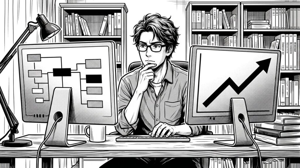 自宅の作業部屋でデュアルモニターの片方にコードもう片方にアクセス解析画面を表示してマーケティング視点の改善案を練っているエンジニアの線画イラスト