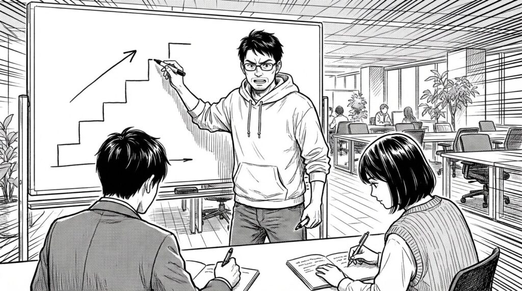 コワーキングスペースで後輩エンジニアからの質問にホワイトボードを使ってロードマップを描きながら答えているエンジニアの線画イラスト