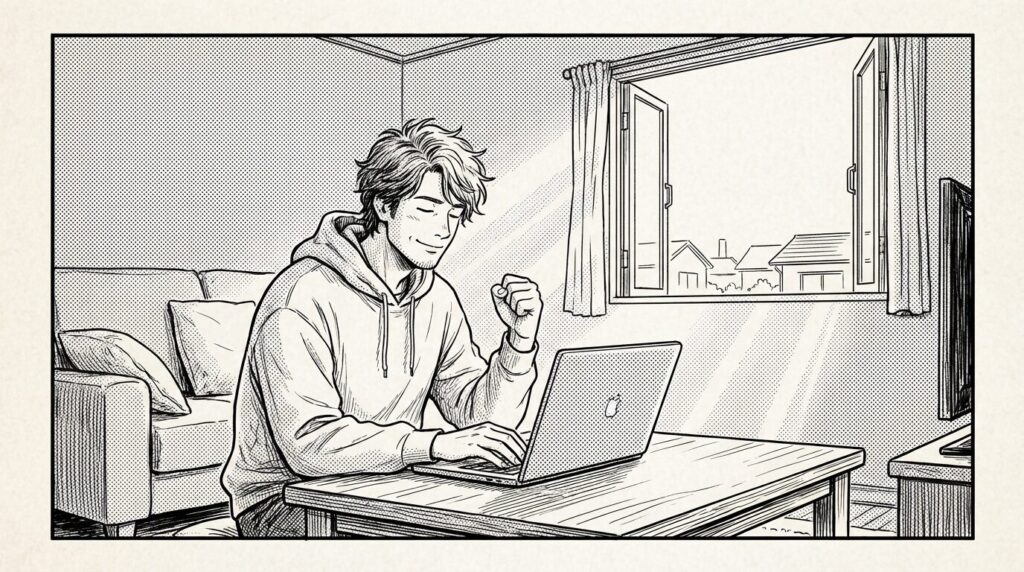 朝の光が差し込む部屋でノートPCを開き副業の入金を確認して静かにガッツポーズをしている男性エンジニアの線画イラスト