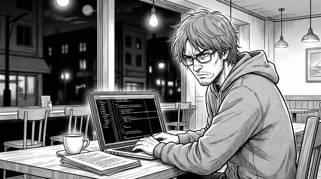 深夜のカフェでノートPCに向かう男性の線画イラスト