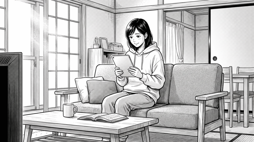 朝の自宅リビングでタブレットを見る女性の線画イラスト