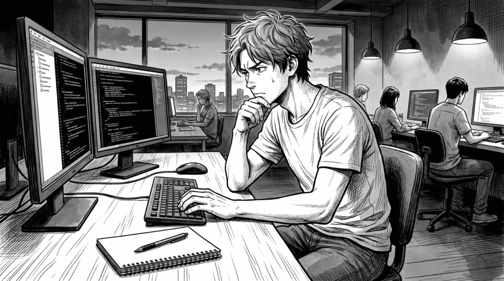 夕方のコワーキングスペースでコーディングする若い男性の線画イラスト