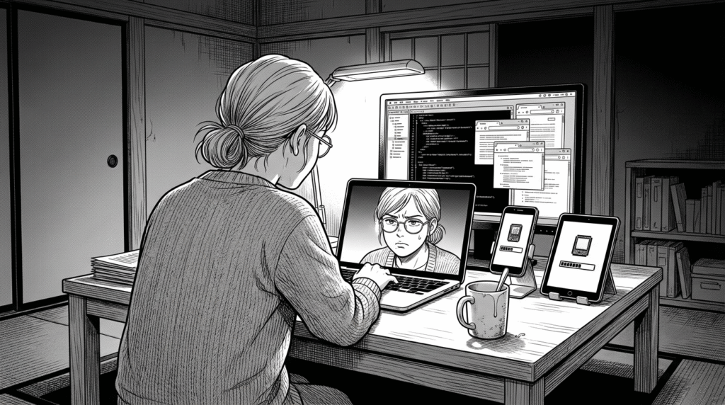 夜の自室でデバッグ作業に集中する女性エンジニアの線画イラスト