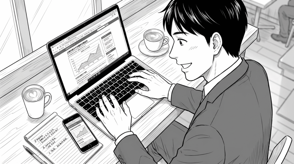 昼間のカフェでデザイン確認をする中年男性の線画イラスト